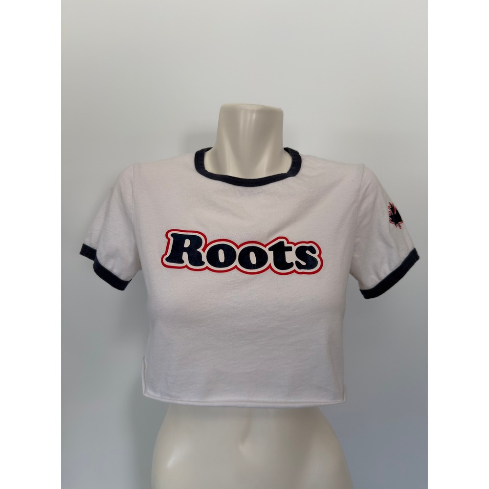 Roots Womens White Navy Blue Logo Ringer Crop Top T-Shirt Small Maple Leaf Patch